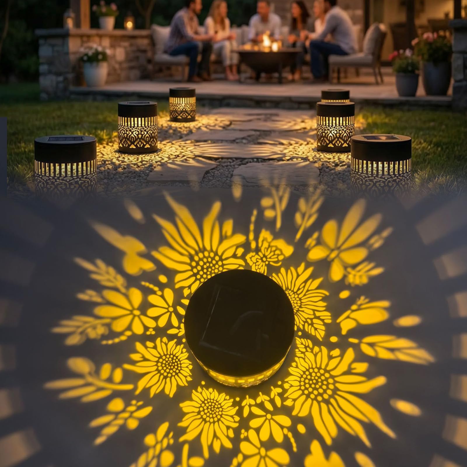 HIDRUO Decorative Solar Mandala Lights, Solar Mandala Lights Outdoor, Metal Solar Powered Outdoor Deck Step Wall Lights, Mandala Theme Waterproof Fence Light for Garden (2, Sunflower Warm Light)
