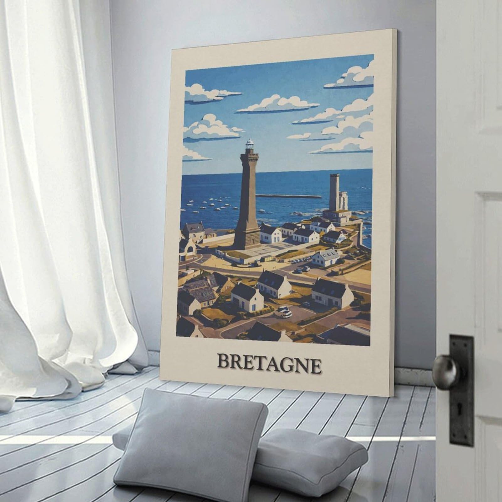 Junmoney Brittany, France Coastal Town Illustration Wall Decor Canvas Print, 20x30inch(50x75cm), for Home Lounge, Bedroom Or Reading Nook, Decorative Artwork for Empty Walls
