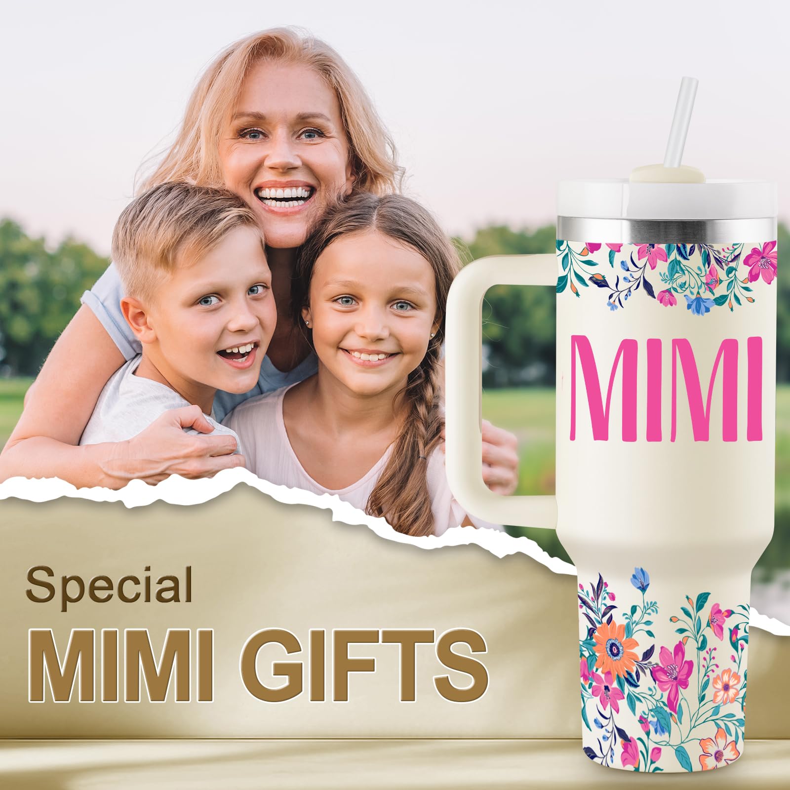 ROSTANTEN Mimi Gifts for Grandma Birthday Gifts for Mimi Grandma Gift Ideas from Grandkids for Mothers Day Christmas 40oz Travel Cup Insulated Tumbler with Lid & Straw