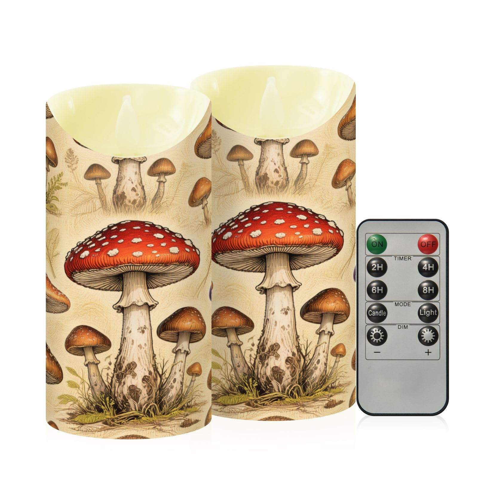 Cgiub Mushroom Flameless Candles with Timer 2pcs Battery Operated Flickering Flameless LED Pillar Candles for Holiday Home Wedding Fireplace Decor