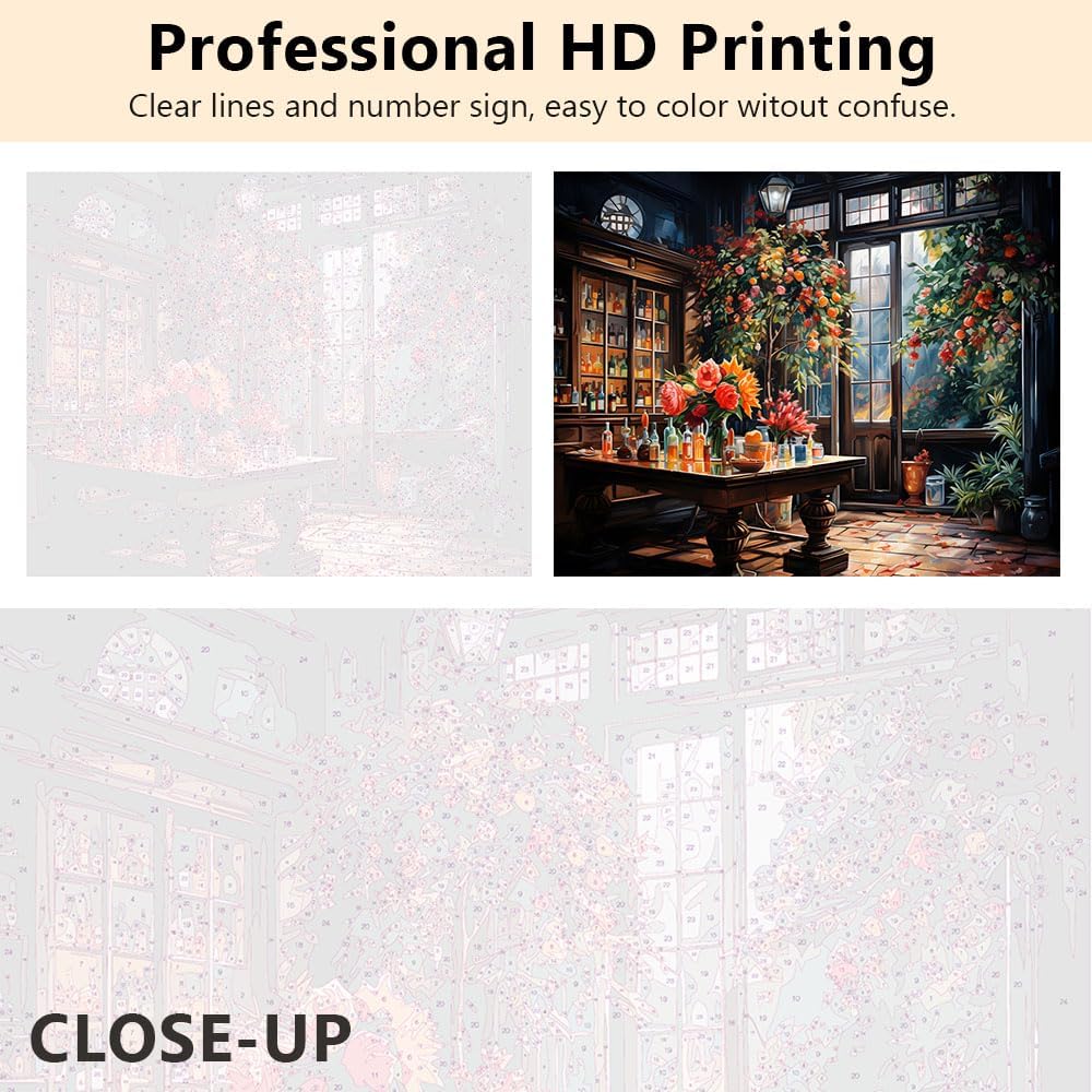 Paint by Numbers Kit for Adults, Adult Paint by Number Kits - Vintage Style Bar Interior with Blooming Flowers, Cozy Pub Scene Painting Canvas for Home Decor - 16x20 Inch(Framed)