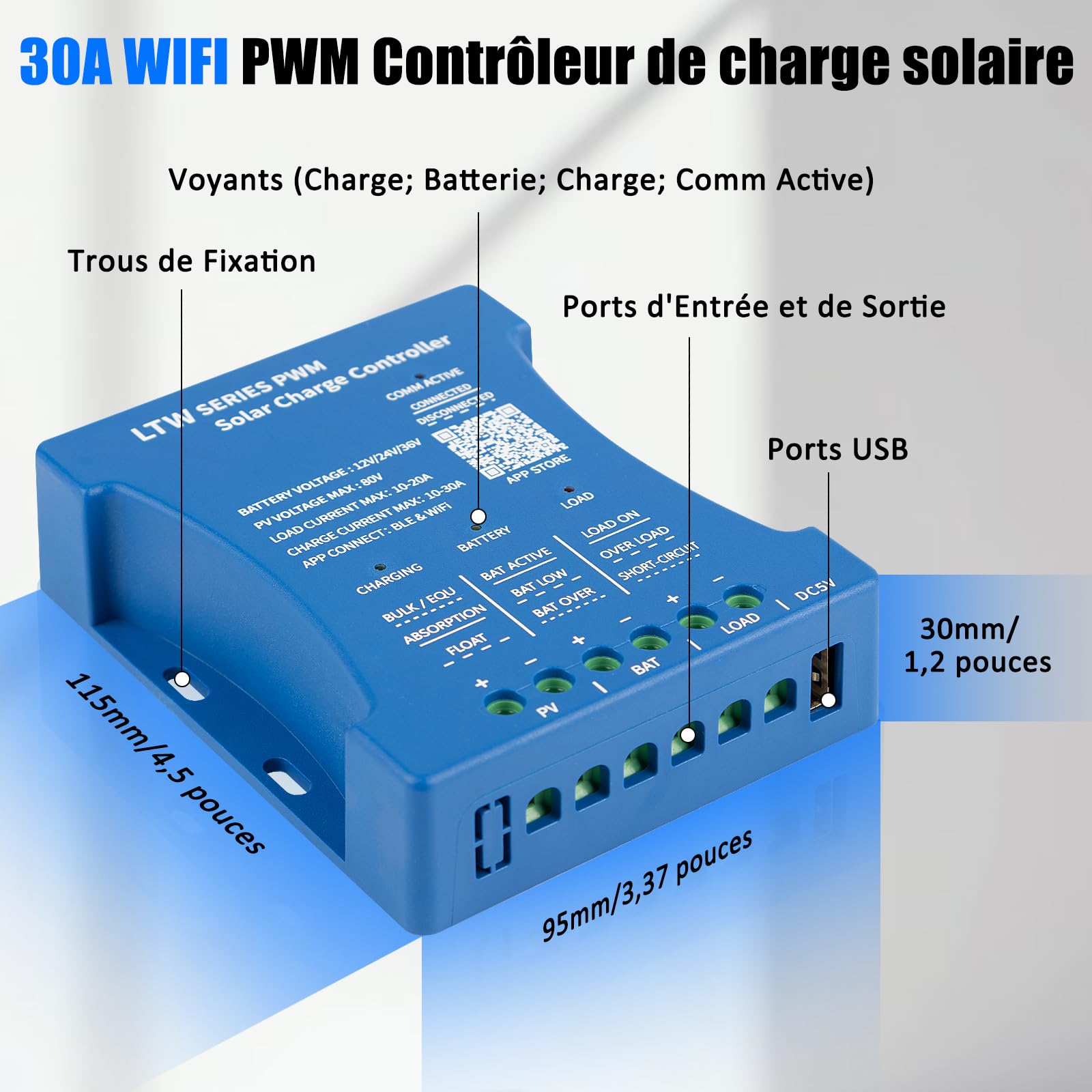 Contrôleurs solaires WiFi 30 A 12 V : contrôleur de charge solaire 30 A 12 V/24 V/36 V ultra-télécommande WiFi PV : contrôleur de panneau solaire Bluetooth intelligent PWM pour plomb-acide, LiFePO4