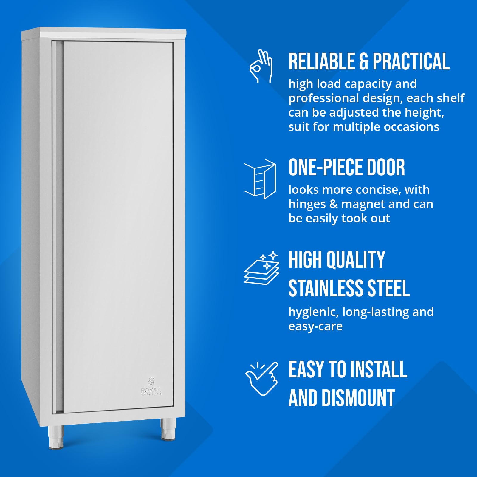 Royal Catering Armoire inox cuisine professionnelle 60 x 70 x 180 cm, capacité 400 kg, étagères réglables, porte avec charnières et aimant, pieds réglables 15 cm, facile à nettoyer
