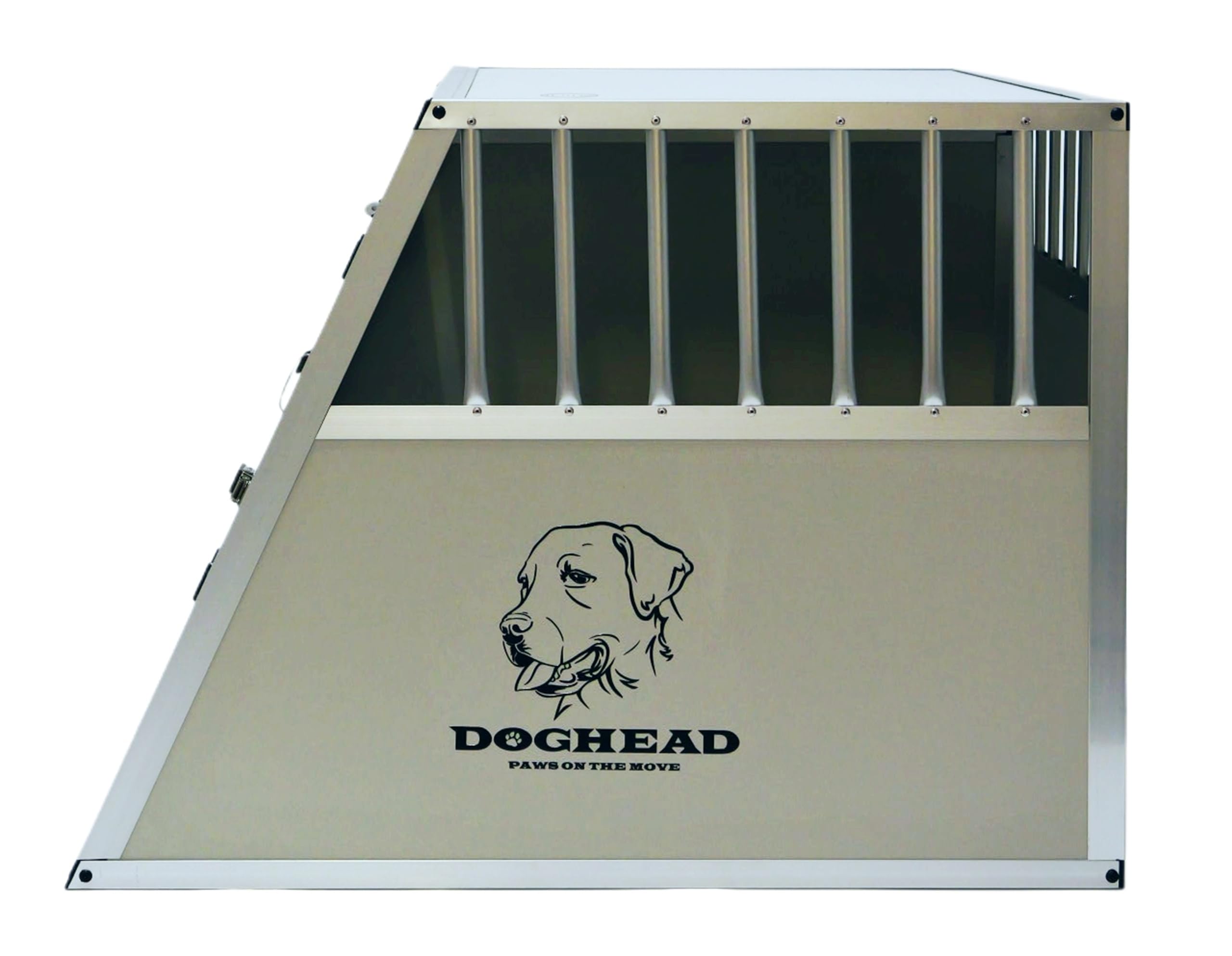 DOGHEAD Hundetransportbox Comfort, Double 95x85x63 cm EG, Grau/Silber, Aluminium, Vorne 65° Grad Winkel, hinten 90° Grad (gerade Rückwand), Trennwand mit Griff, für größere Kombis geeignet