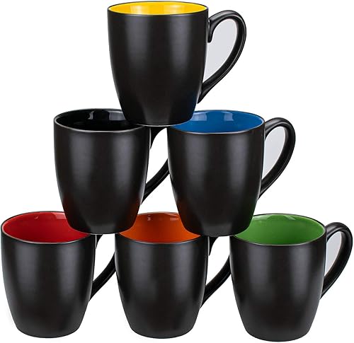 Foraineam Juego de 6 tazas de café de 16 onzas, juego de tazas de porcelana negra mate de gran tamaño para restaurante, tazas para café, té, jugo,