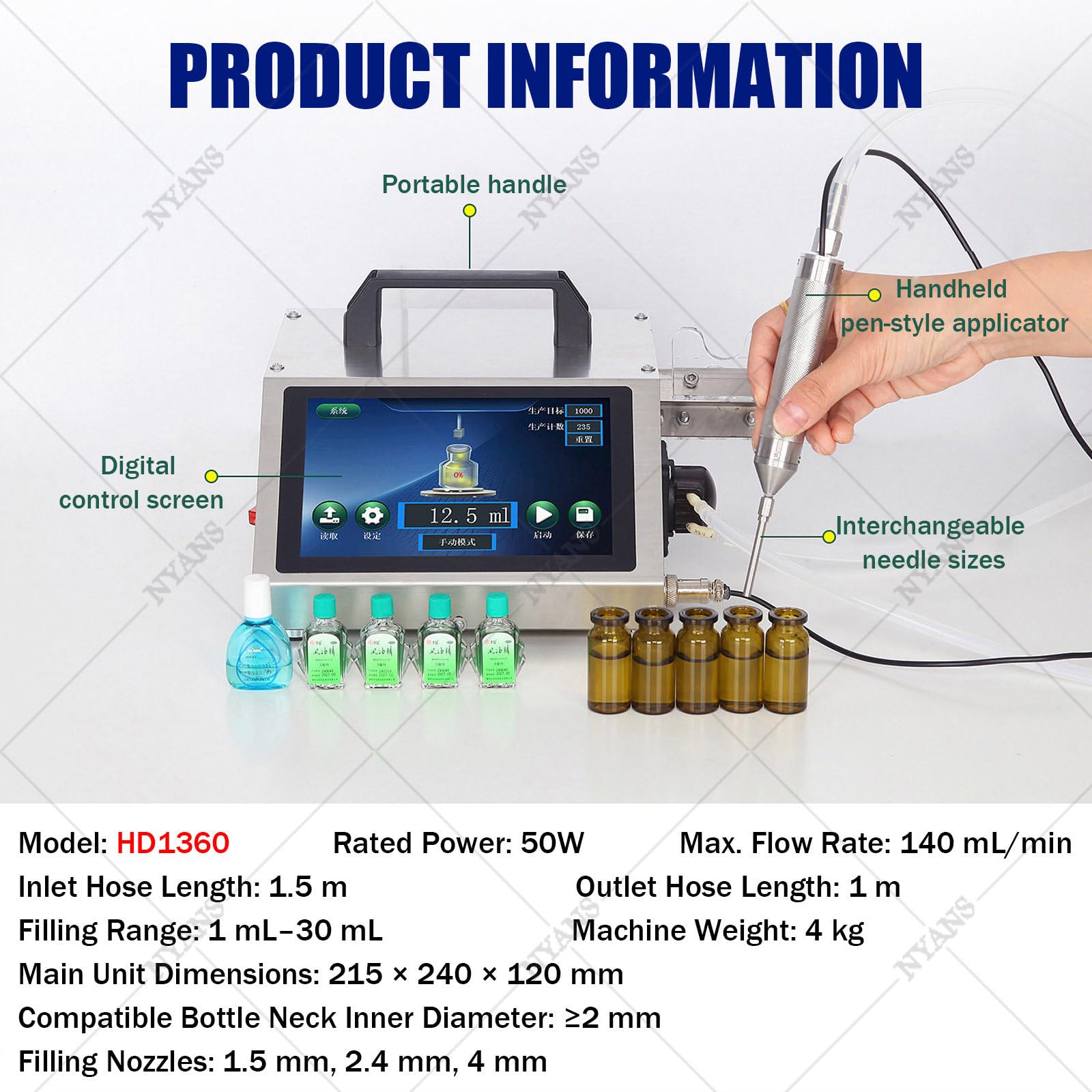 NYANS Riempitrice Automatica di Liquidi per Flaconi di Piccole Dimensioni, con Display LCD e Ugello Ad Ago di Precisione; Dosaggio Quantitativo (1-100 ml) HD1360