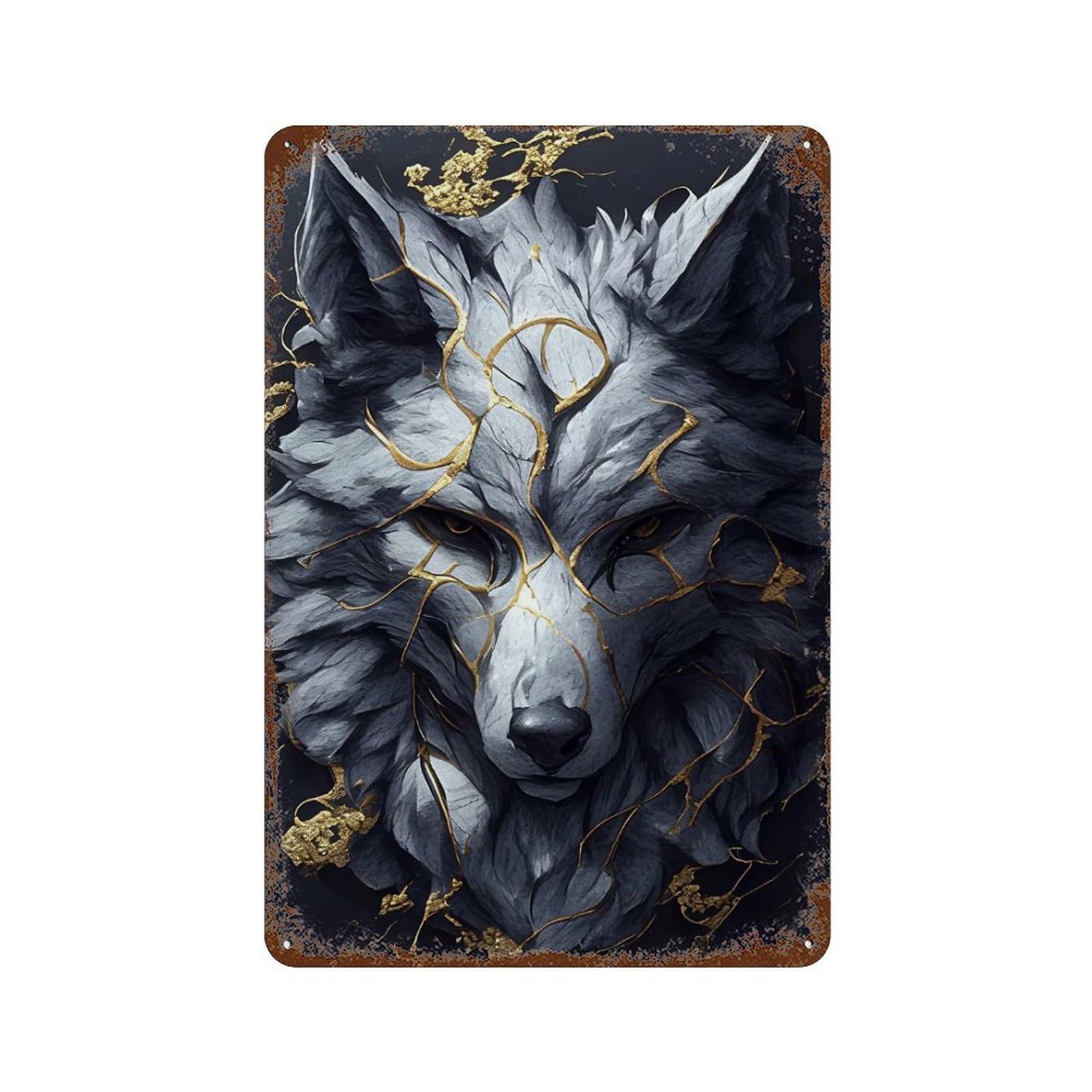Rust Effect Wolf with Golden Veins Rustic Tin Plaque 11.8"x7.9", Classic Wall Plaque for Shed, Workshop And Garage Wall Decor
