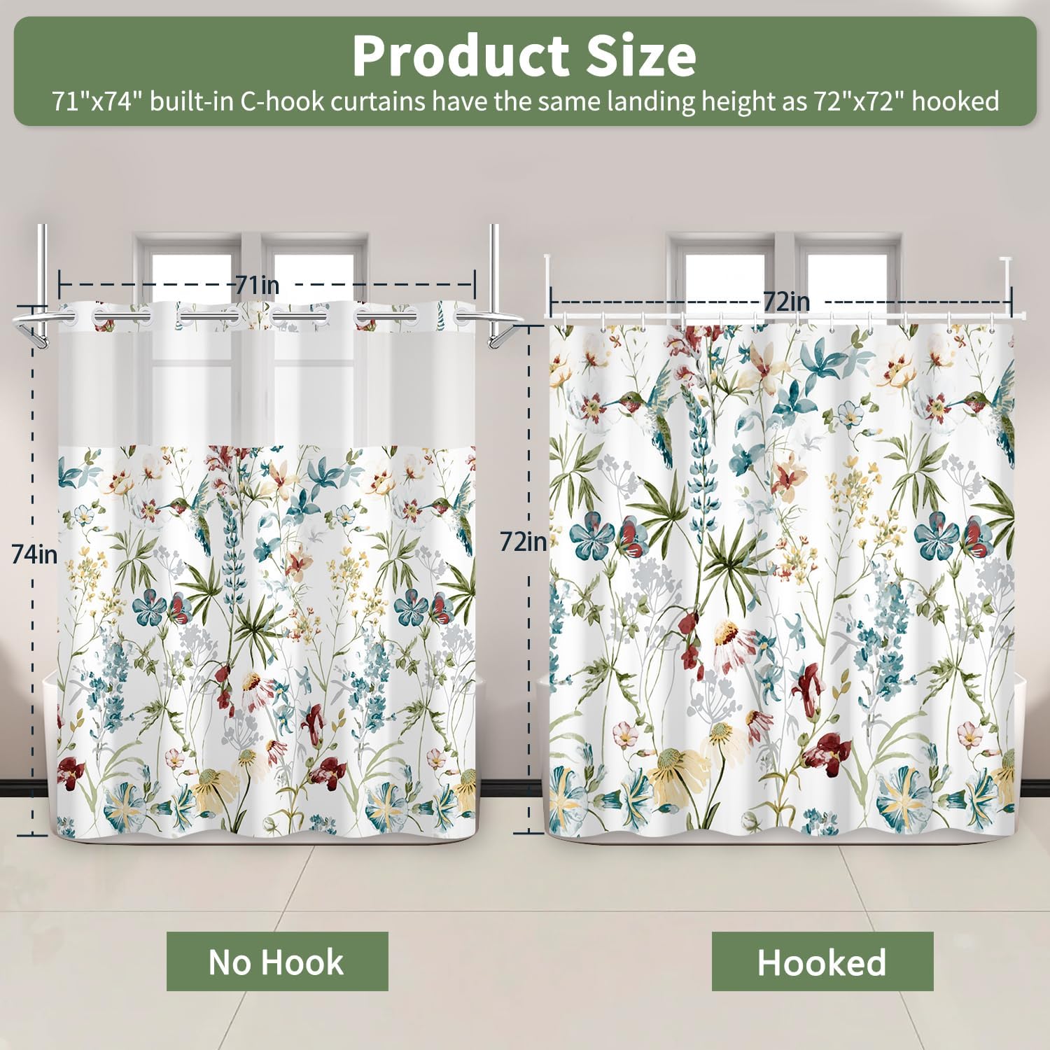 Colorful Floral Shower Curtain with Snap in Liner, Waterproof Double Layers No Hook Shower Curtain and Weighted Hem, Aesthetic Watercolor Wildflower Botanical Farmhouse Bathroom Curtains, 71x74 Inch