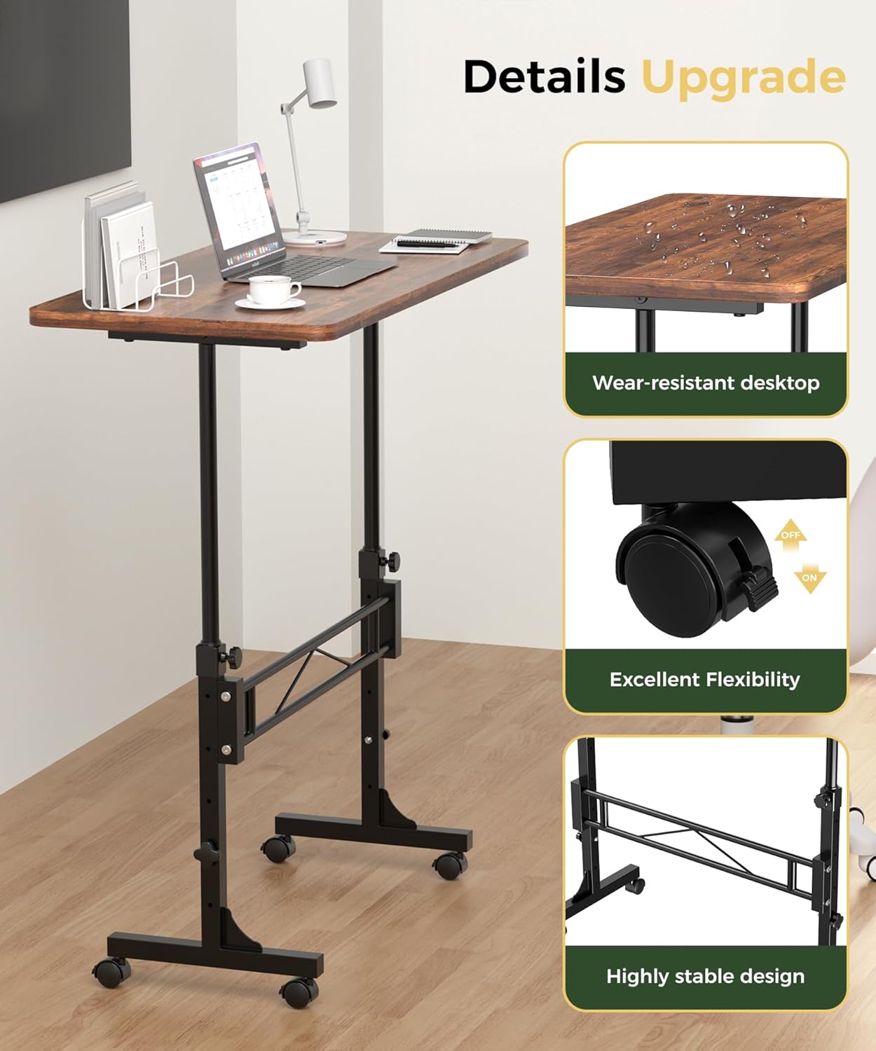 Amztabler Small Standing Desk Adjustable Height, Mobile Stand Up Desk with Wheels, 32 Inch Portable Rolling Desks for Walking Pad Treadmill Rustic - Image 4