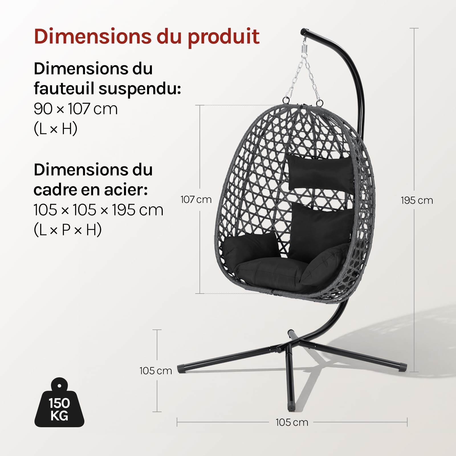 WOLTU Fauteuil Œuf Suspendu, Chaise Hamac Balançoire, avec Support en Métal, Coussin de Siège et Appui-tête, Charge 150 kg, Rotin PE, pour Jardin, Balcon, Terrasse, 102x100x196cm, Noir