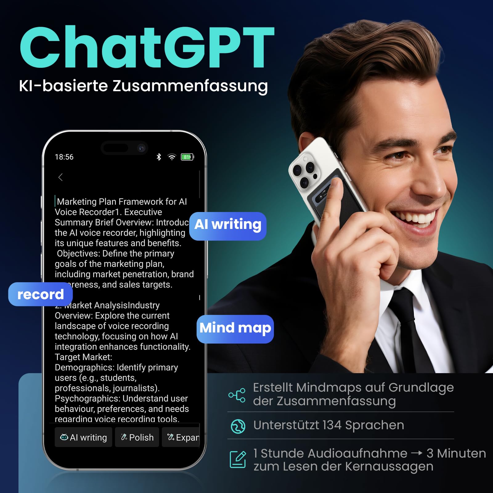 KI Digitales Diktiergerät Mit Hülle,64GB Aufnahmegerät Mit KI Transkription & Zusammenfassung,Tragbar Voice Recorder Unterstützt 134 Sprachen,Mini-OLED-Display,Diktiergerät Für Vorlesungen/Meetings