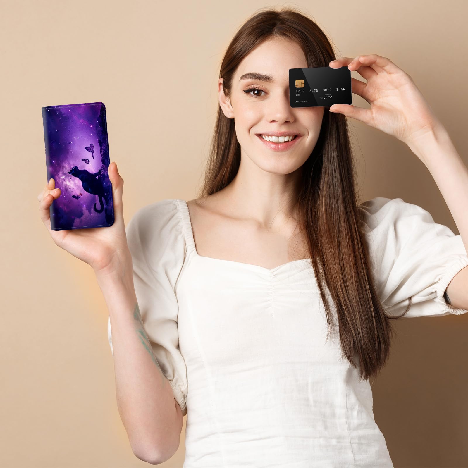 ACWDMKH Leather Checkbook Cover for Men Women Personal Checkbook Holder RFID Blocking Check Book Holder Cover for Duplicate Checks,with A Pen,Purple Glitter Cat