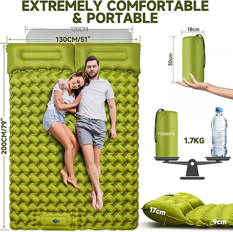 FORRINX Önfelfújó Kétszemélyes Kempingmatrac 200x130 cm - Ultrakönnyű Vízálló Matrac Beépített Párnával, Túrázáshoz, Sátrazáshoz