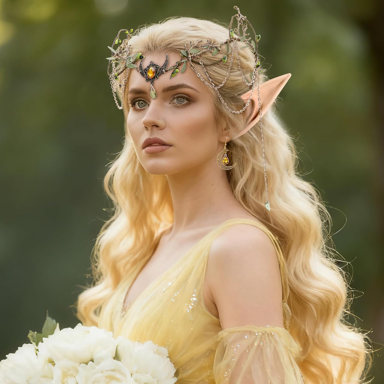 MOSTORY Medieval Renaissance Accessories Set - Viking Elf Crown Elf Ears and Moon Earrings for Women Renfaire Fairy Cosplay