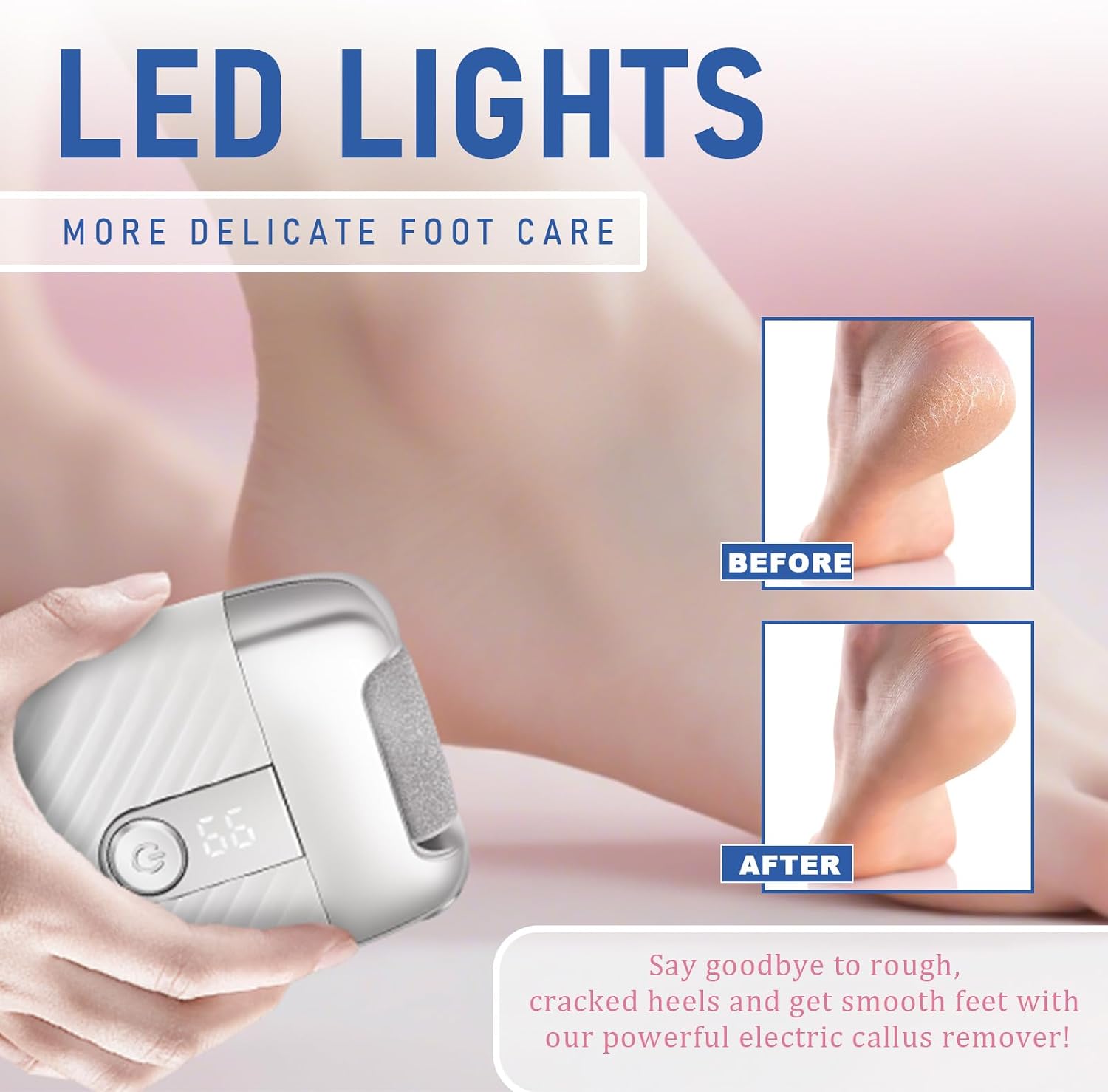 Electric Foot File with 2 Speeds & LED Display, Rechargeable Callus Remover with 3 Grit Heads (Coarse/Medium/Fine), Pedicure Tools for Feet Hard Skin Smooth Polishing (White)