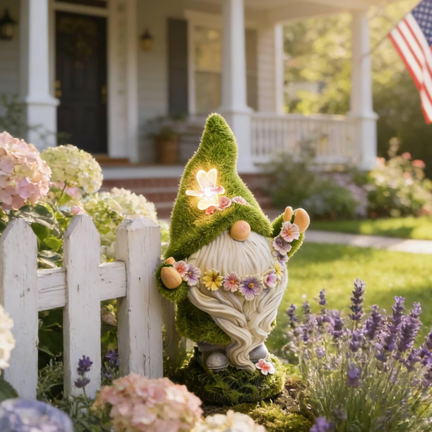 DiliComing Garden Flocked Gnomes Decor for Yard - Artificial Green Moss Gnome Statue with Solar Light, Dwarf Sculpture for Outdoor Patio Porch Lawn Decor, Spring Decorations for Home