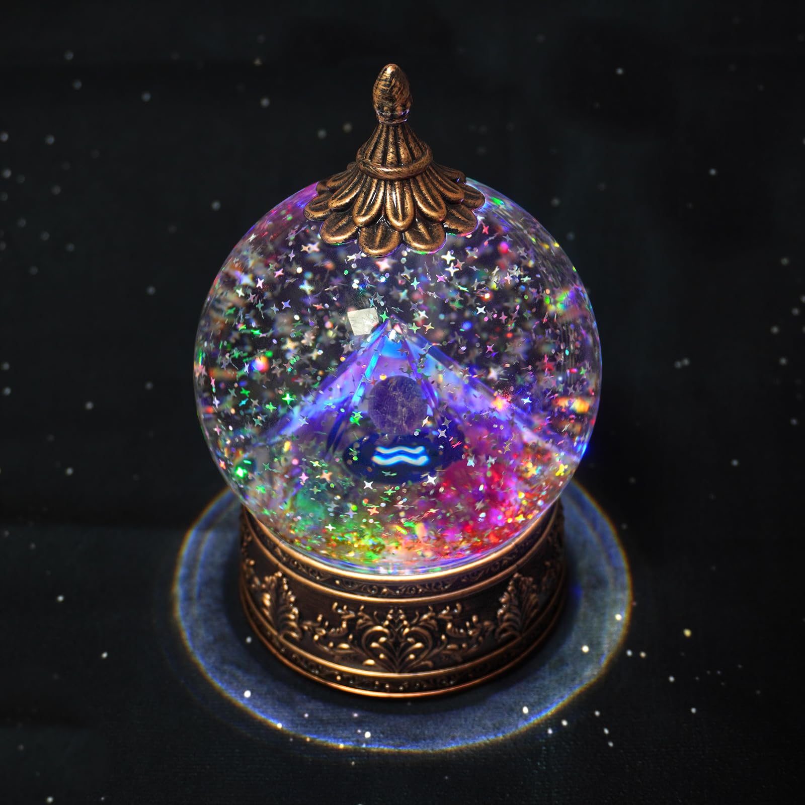 12 Zodiac Signs Crystal Pyramid Globe with Amethyst and Glitter