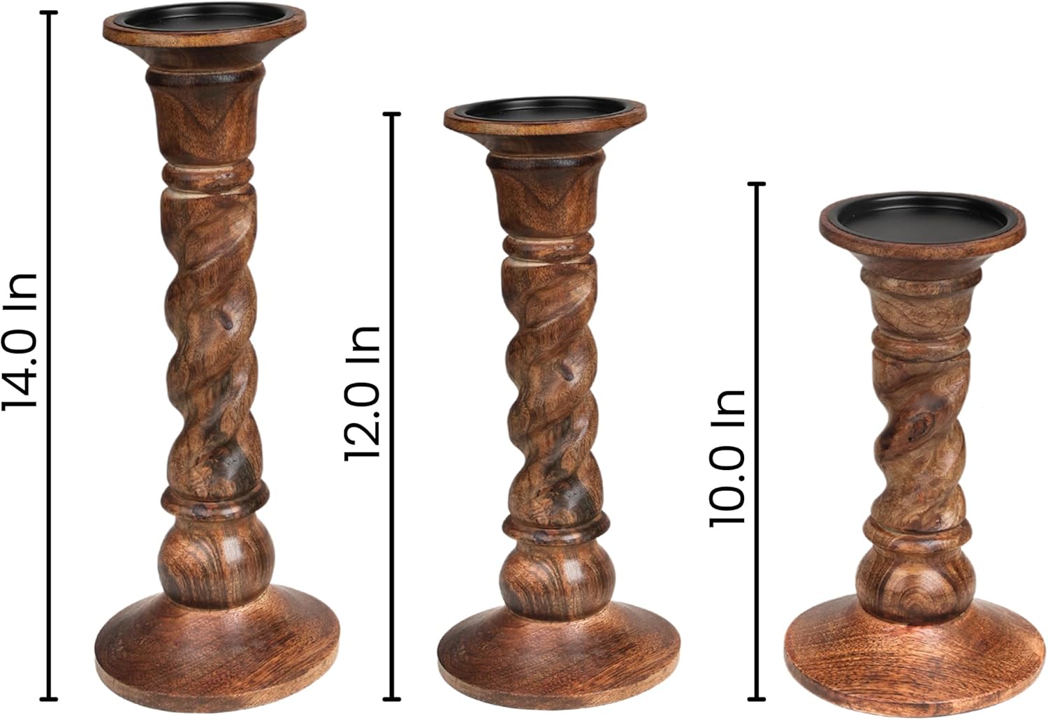 Rustic Wooden Candle Holder Set of 3, Hand-Carved Mango Wood with Elegant Design, Vintage Unique Carving Home Décor Pillar & Tea Light Candle Stands, Boho Chic Accent - 14,12,10 Inch Burnt