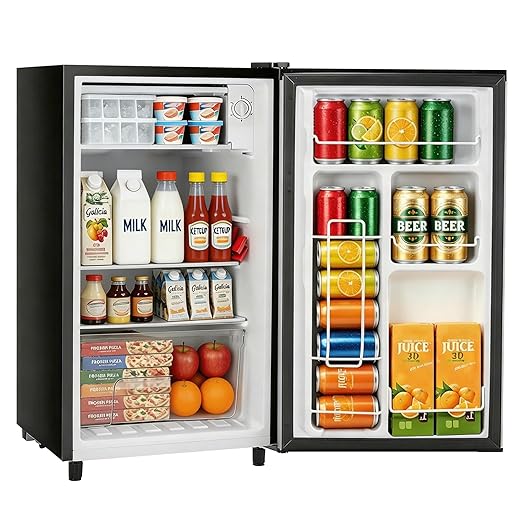 Mini Fridge with Freezer, 3.2 Cu.Ft Compact Single Door Refrigerator with Adjustable Thermostat, Low Noise & Energy Efficient (0.41kWh/Day), Small Fridge for Bedroom, Dorm, Office, Apartment (Silver)
