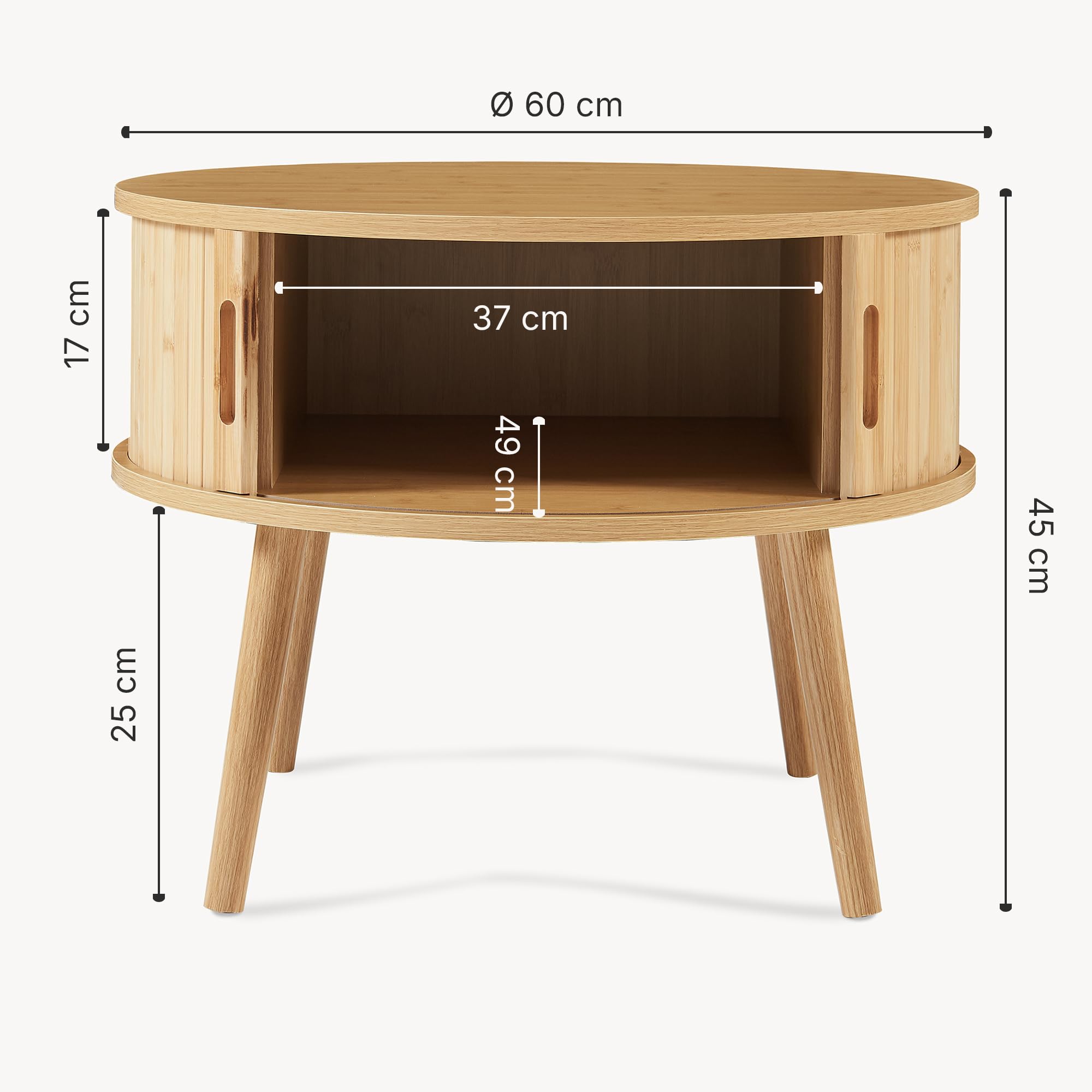 [en.casa] Mesilla de Noche Nordkapp en Forma Cilíndrica 1 Compartimento Cerrado Mesa de Noche con 2 Puertas Correderas Mesa Auxiliar para Oficina Sala Bambú Madera 45xØ60cm - Natural