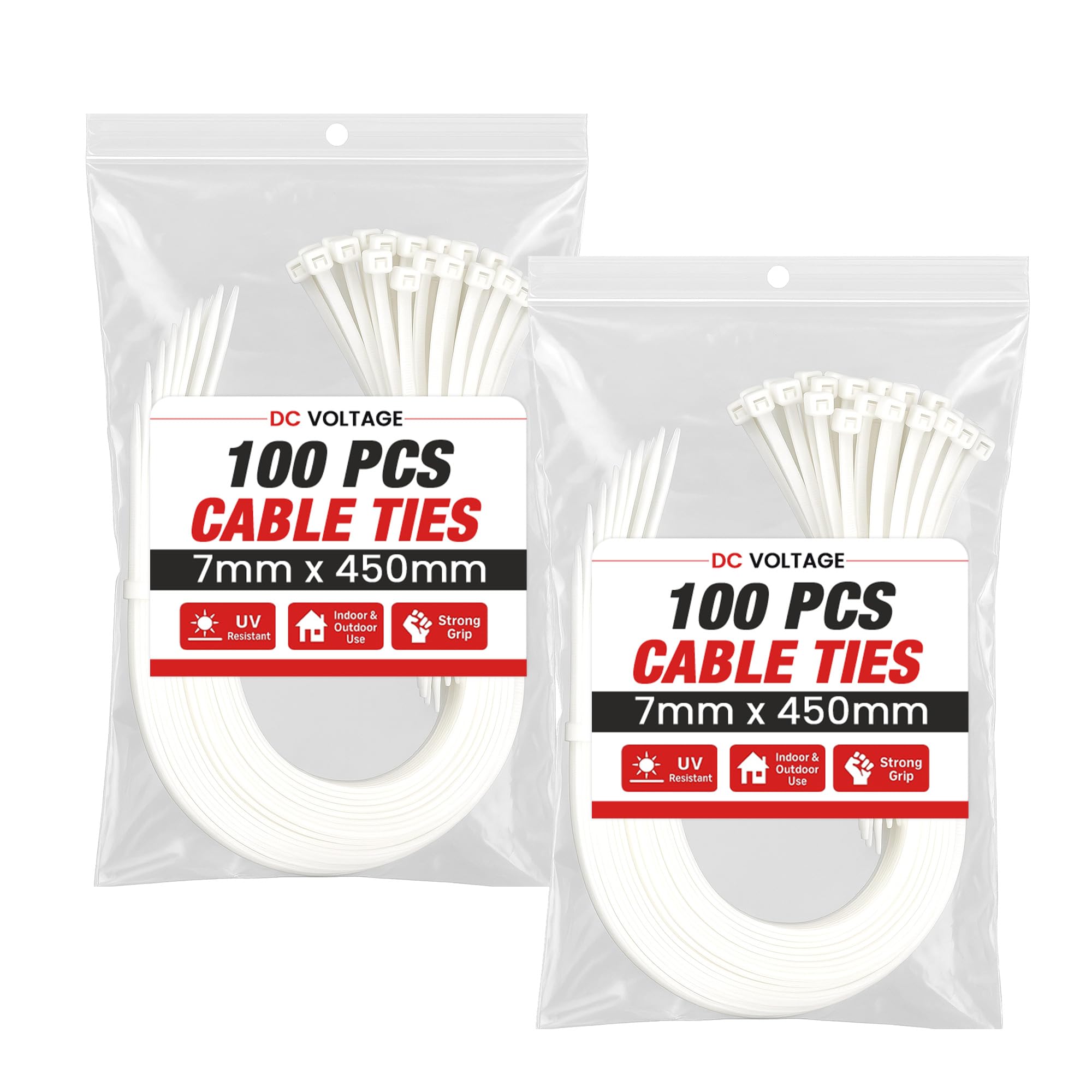 DC VOLTAGE 2 Pack Cable Ties Heavy Duty 200 Pcs, Ultra Strong Tensile Strength, UV Resistant Plastic Zip Ties Extra Long Tie Wraps for Outdoor Use (White 450mm x 7mm)