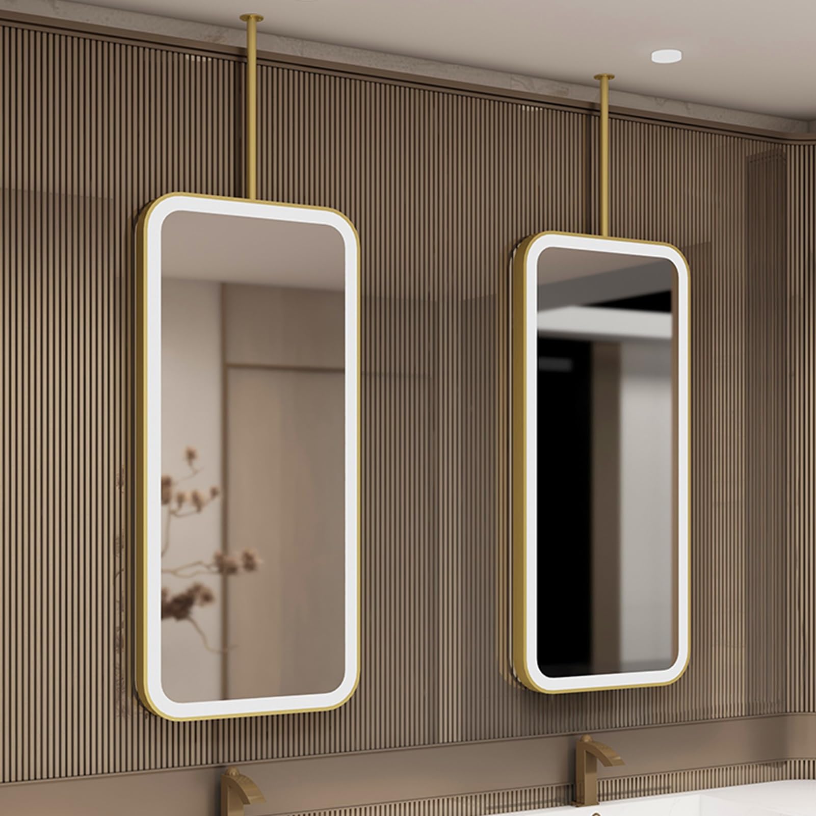 ITOSUI Hanging Rod Mirror with LED Light, Nordic Bathroom Vanity Mirrors Rectangle Metal Framed Mirrors for Entryway Washroom, Ceiling Mounted Mirror for Wall Decor Home(50cmx70cm)