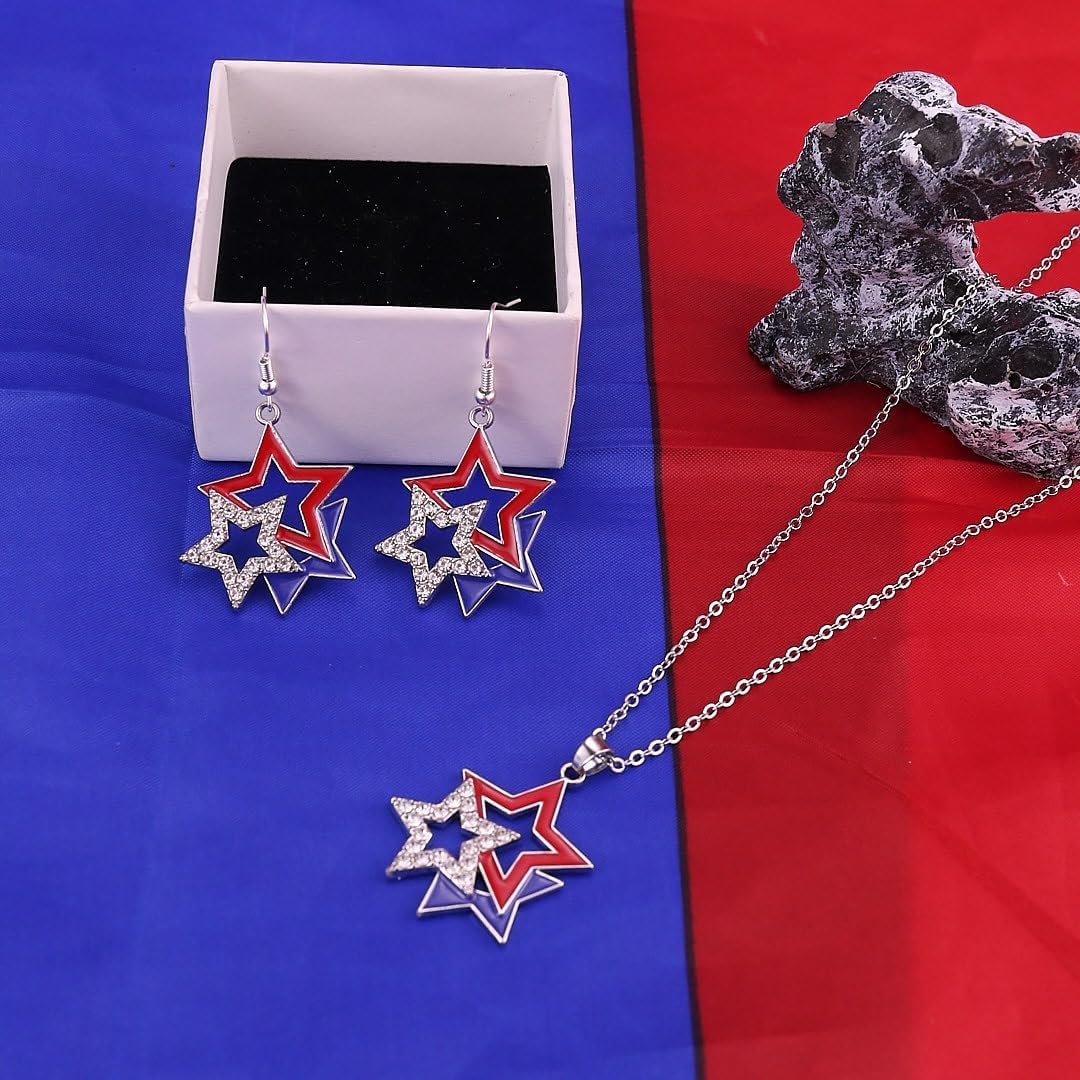 4th of July Earring Necklace for Women Independence Day Jewelry Set Dainty Rhinestone Sparking Star Heart Necklace Red White and Blue Memorial Day Patriotic American Flag Earrings Accessorie Outfits