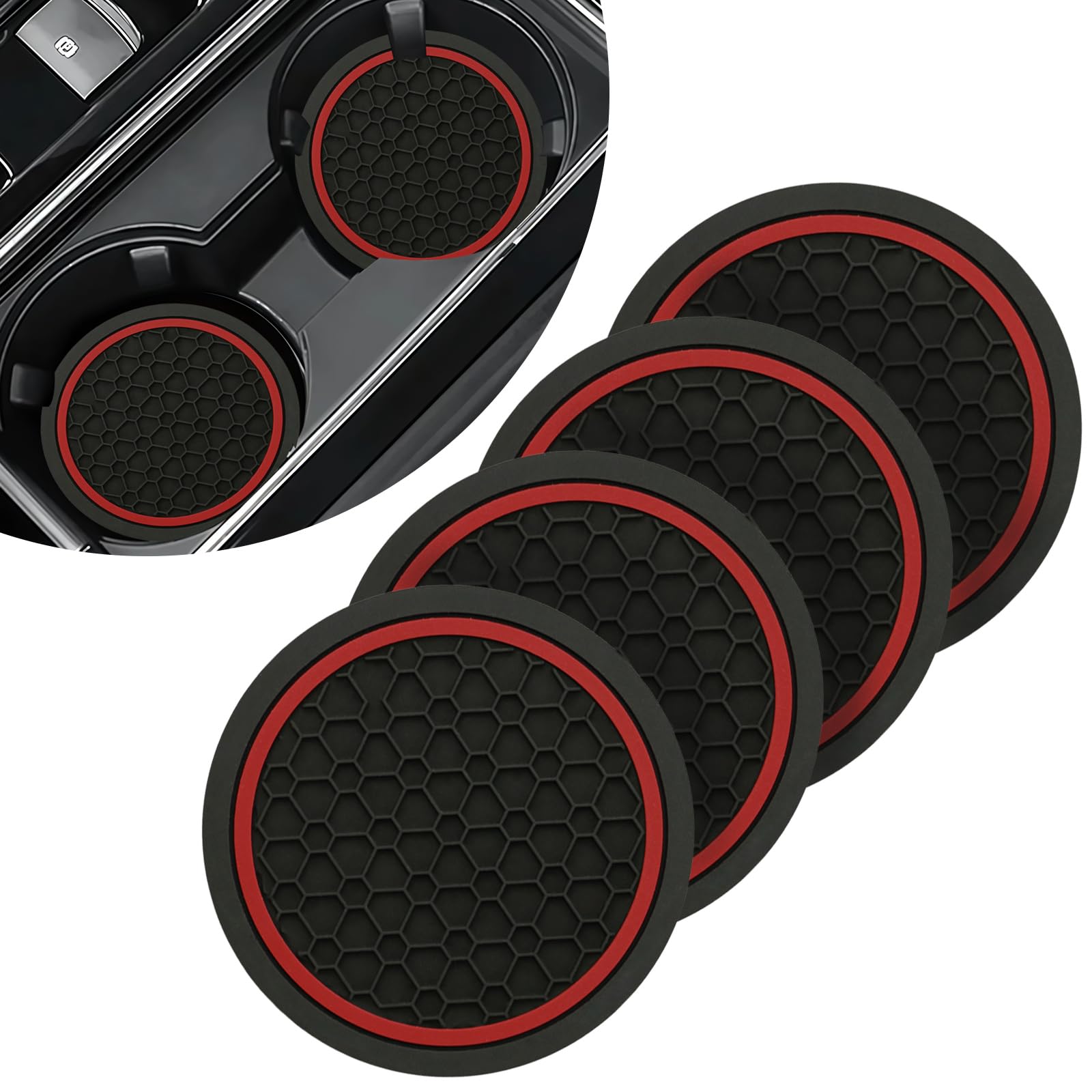 Vagcars Blackred Car Cup Holder Coaster, 4Pcs Anti-Slip Shockproof Car Coasters For Cup Holders, 2.76" Insert Water Bottle Holder Pads, Anti Dust Mats, Universal Caraccessories Interior For Most Vehicles (Blackred)