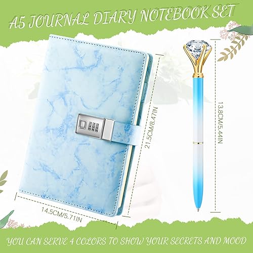 Miniatura 2 de Zonon Diario con cerradura para niñas, de piel sintética de mármol, A5, combinación con bolígrafo de diamantes, regalos de regreso a clases,