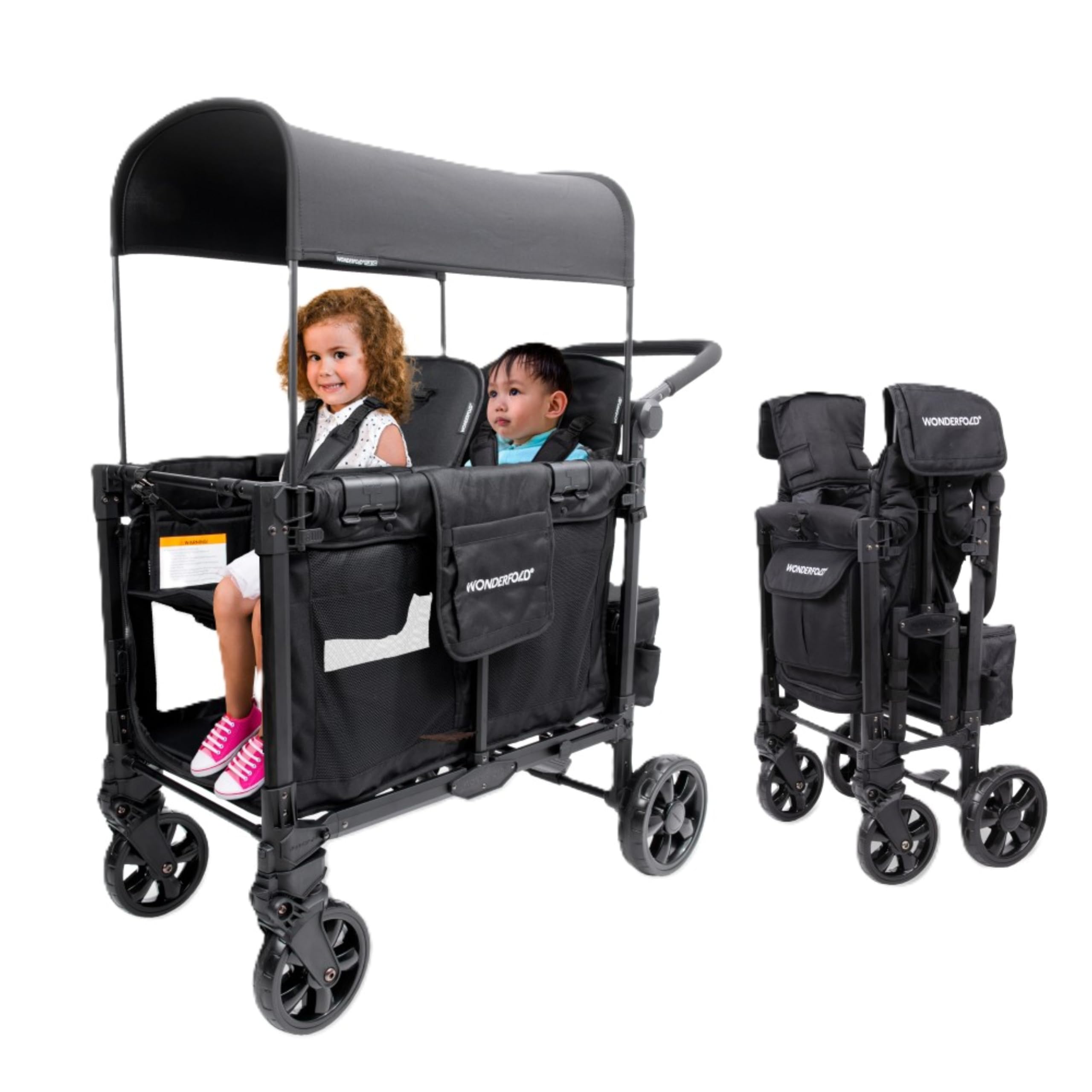 WONDERFOLDW2 Elite Pro Stroller Wagon (2 Seater) - Collapsible Wagon Stroller with Seats with 5-Point Harnesses, Adjustable Push Handle, and Adjustable Sun Canopy, Charcoal Gray