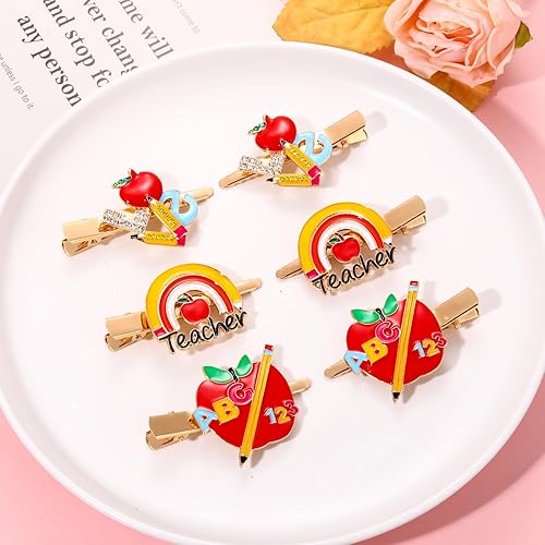 Miniatura 5 de ANGLESJELL Pinzas para el cabello para profesoras para mujer, lindas horquillas de lápiz de manzana, pasadores de pelo de cristal FRI-YAY, accesorio