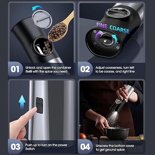 Miniatura 5 de Hemixye Gravity - Molinillo eléctrico de sal y pimienta, funciona con pilas, molinillo automático de sal y pimienta con luz LED, grosor ajustable,