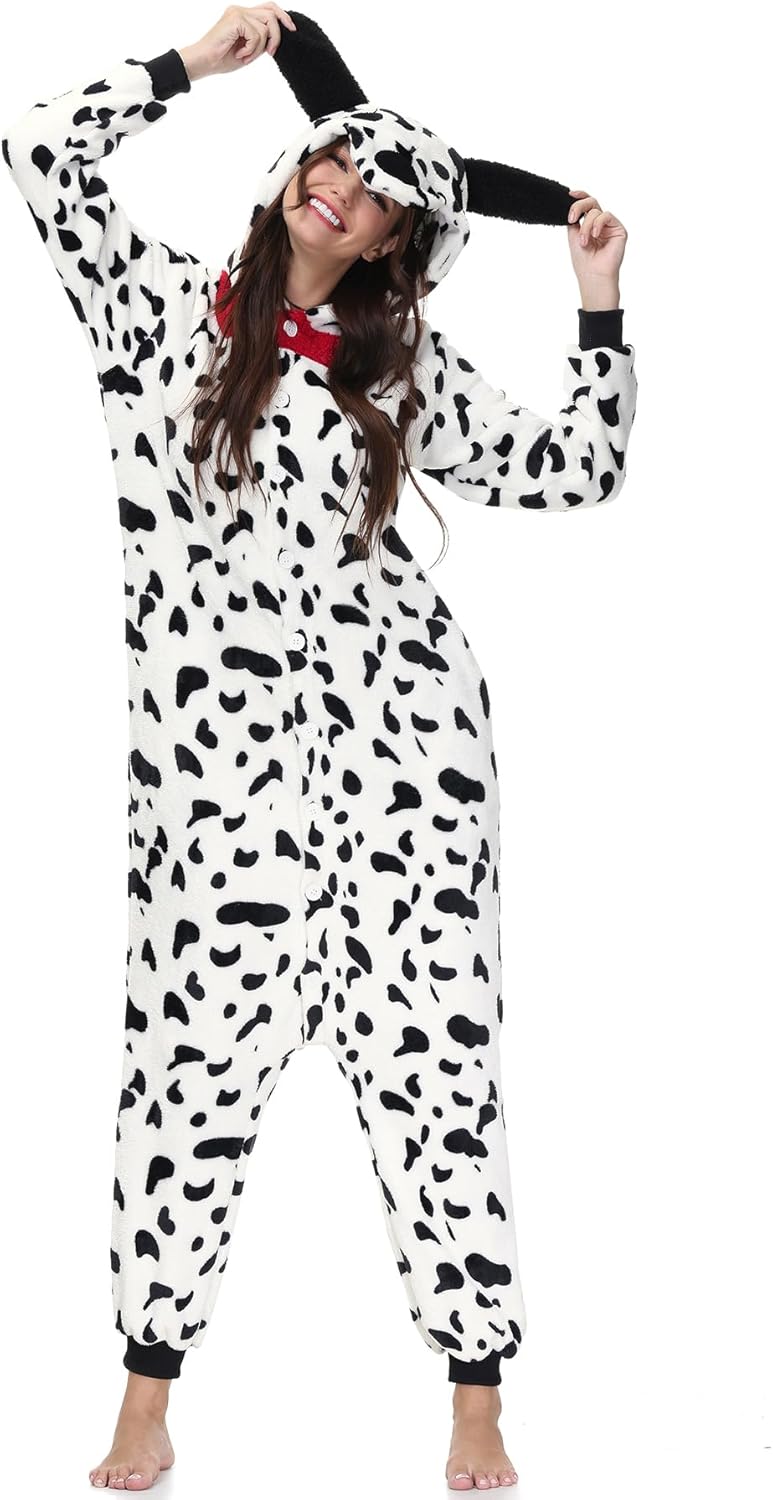 Clarisbelle Women Party Wear Halloween Adult Dalmatian Animal Onesies Sleepwear Zipper Flannel Plush Pajamas XL