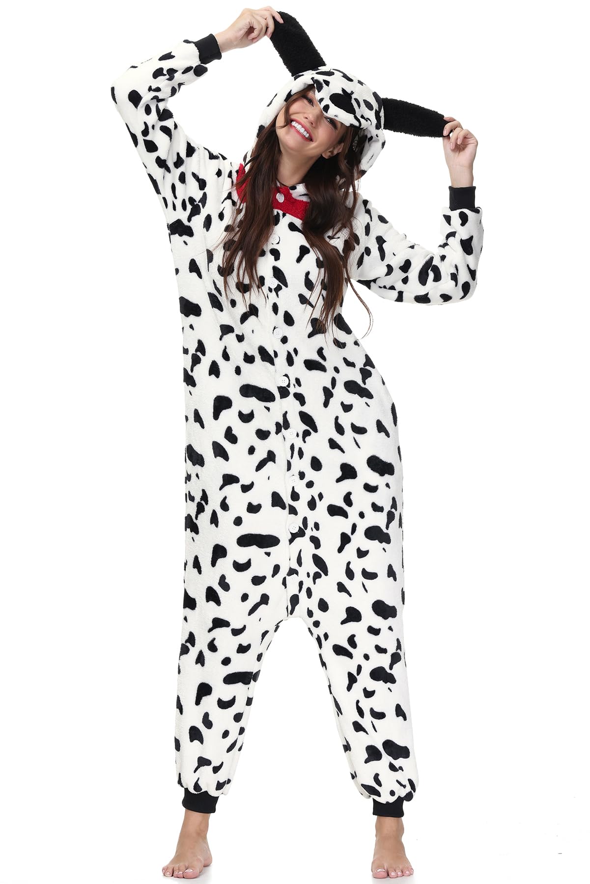 Clarisbelle Ropa de fiesta para mujer, Halloween, adultos, animales dálmatas, pijamas enteros de felpa de franela con cremallera, talla XL, Dálmata