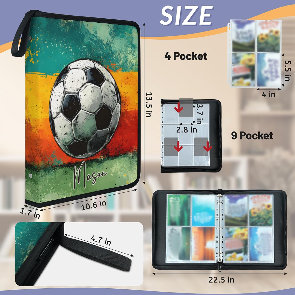 Top-Loaders-for-Cards Sammelkarten-Alben, benutzerdefinierter Tresorbuch, 9 Taschen, Sport-Karten-Binder als Geschenk für Damen, Herren, Kinder, Mädchen, Jungen, schwarzer Fußball