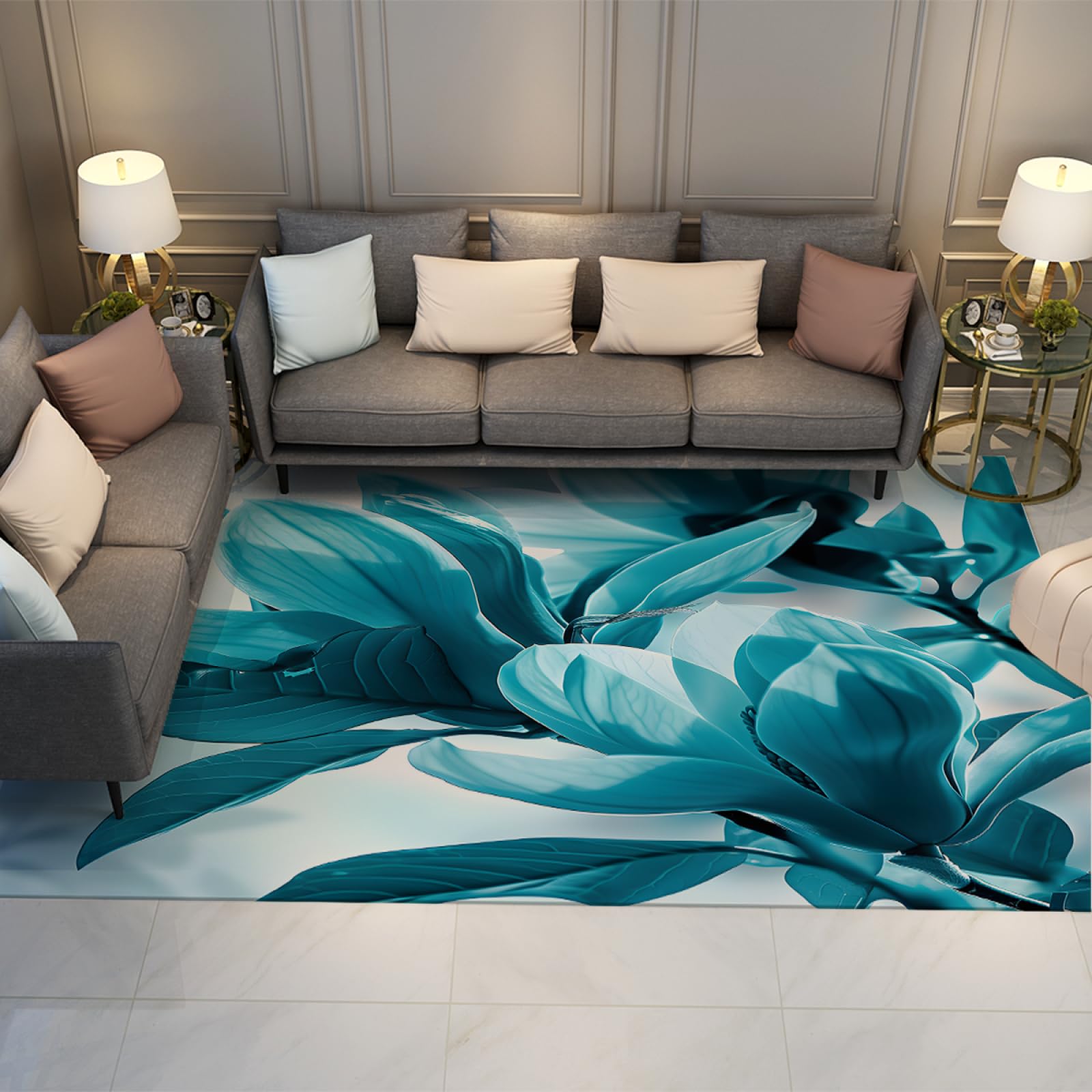 Tapis motif magnolia bleu 100x150cm idéal pour salon et chambre