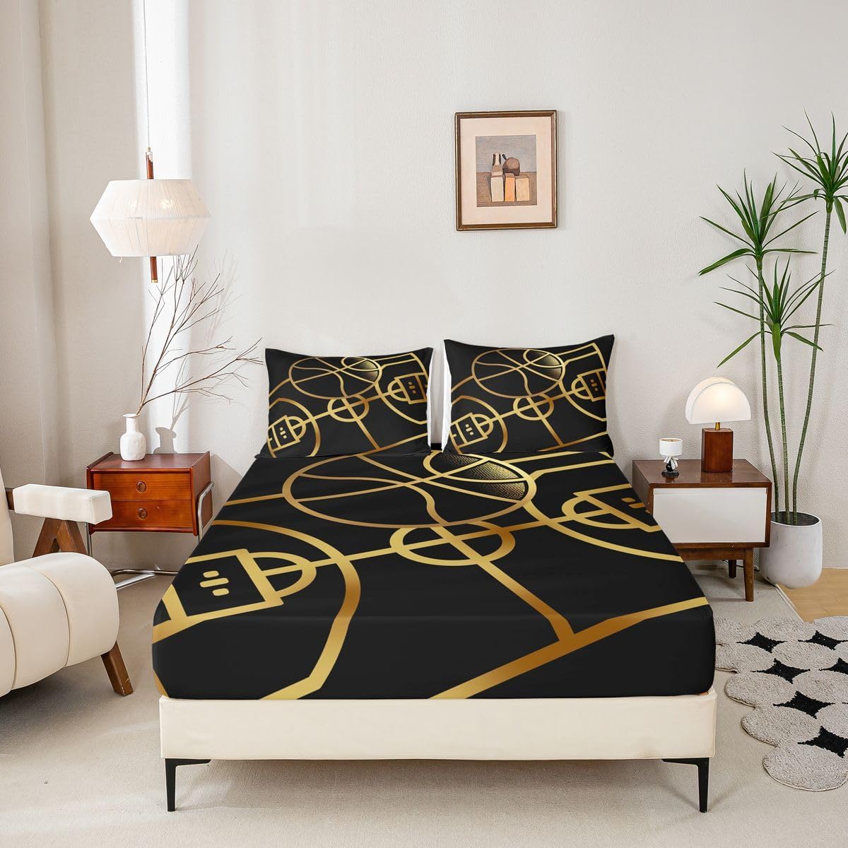 Basketball Fitted Sheet for Boys, Black Gold Bedding Set Queen, Black and Golden Basketball Court Design Bed Sheets for Kids Teens Adult Bedroom, Sports Games Sheets with 2 Pillow Cases