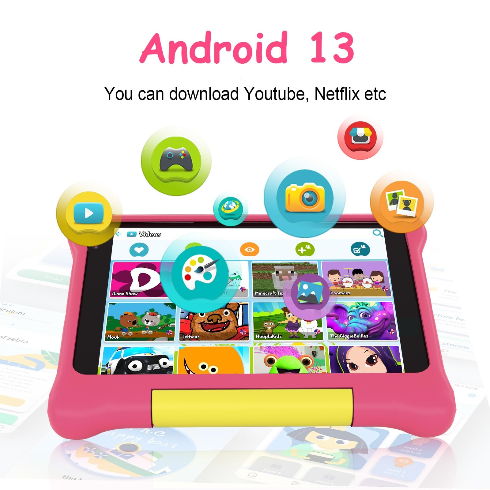 Yicty Tablet Bambini 7 Pollici Android 13 Quad Core 5 GB RAM 32 GB ROM 128 GB Estensione Controllo Parentale Tablets Educativo con Custodia Antiurto (Rosa)