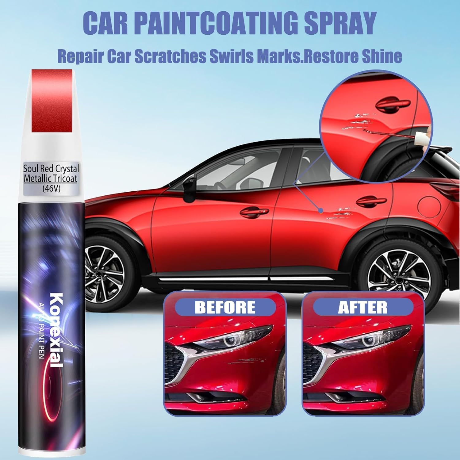 Soul Red Crystal Metallic(46V) Touch Up Paint for Mazda-Exact Match–Chips and Nicks Car Paint Scratch Repair Kit Automotive Paint Pen for CX-5/CX-30/CX-50/CX-70/CX-90/MX-5/CX-3/CX-9