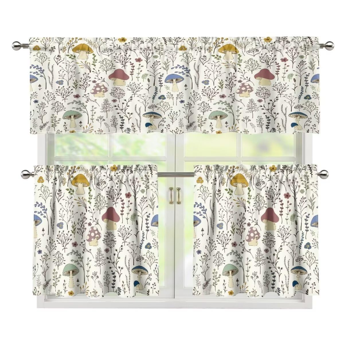 Boho Colorful Mushroom Kitchen Curtains and Valances Set Tier Retro Botanical for Bedroom Dining Room Cafe Office Living Room 54 x 18 inches + 27 x 24