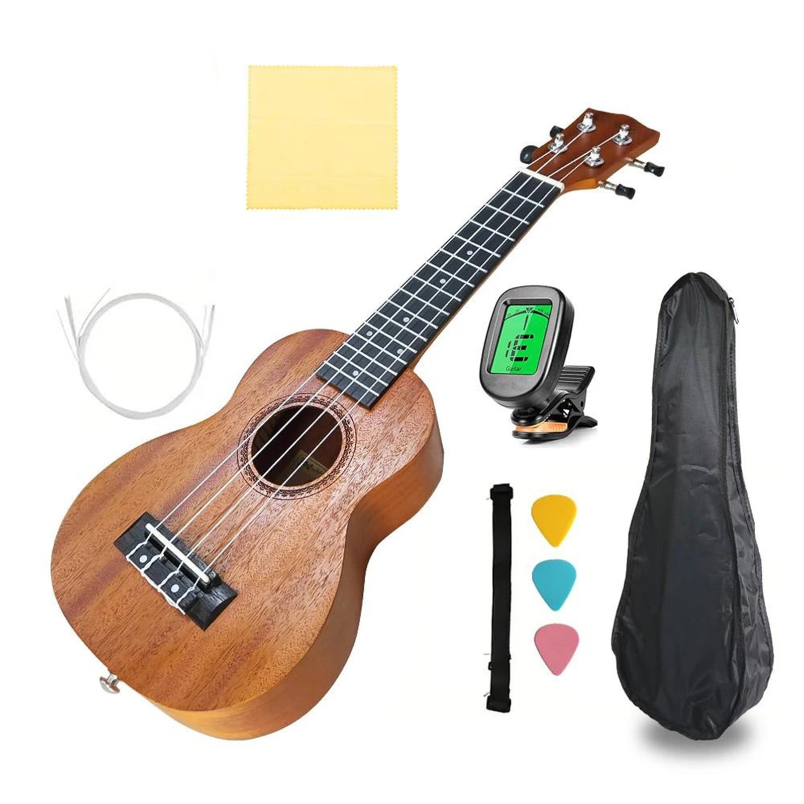 Leistungsart Ukulele 21 Zoll Akustik Ukulelen Set Mit Tasche Saiten Stimmgerät Massivholz Anfänger Und Erwachsene Übungs Spielset(Burlywood)