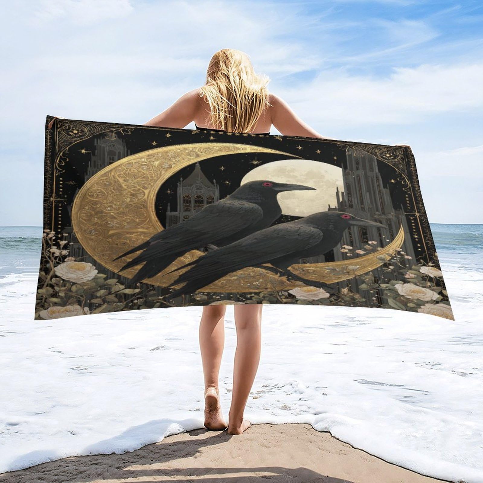 Luyysky Rustic Abstract Animal Raven Absorbent Beach Towel, Gothic Realistic Full Moon Starry Sky Galaxy Castle Roses Flowers Outdoor Single-Sided Velvet Beach Towel-80 W Cm X 160" L Cm