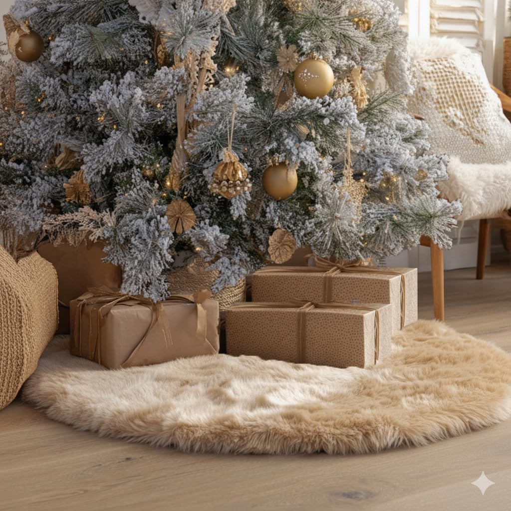 AISENO 48 Inch Christmas Tree Skirt - Beige Faux Fur Plush Holiday Decor for Xmas Tree, Festive Party, Home Decorations
