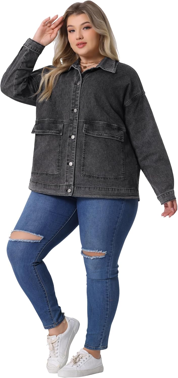 Agnes Orinda Plus Size Denim Jacket for Women Long Sleeve Vintage Jean Jackets with Pockets 2025 Western Outfit - Image 3