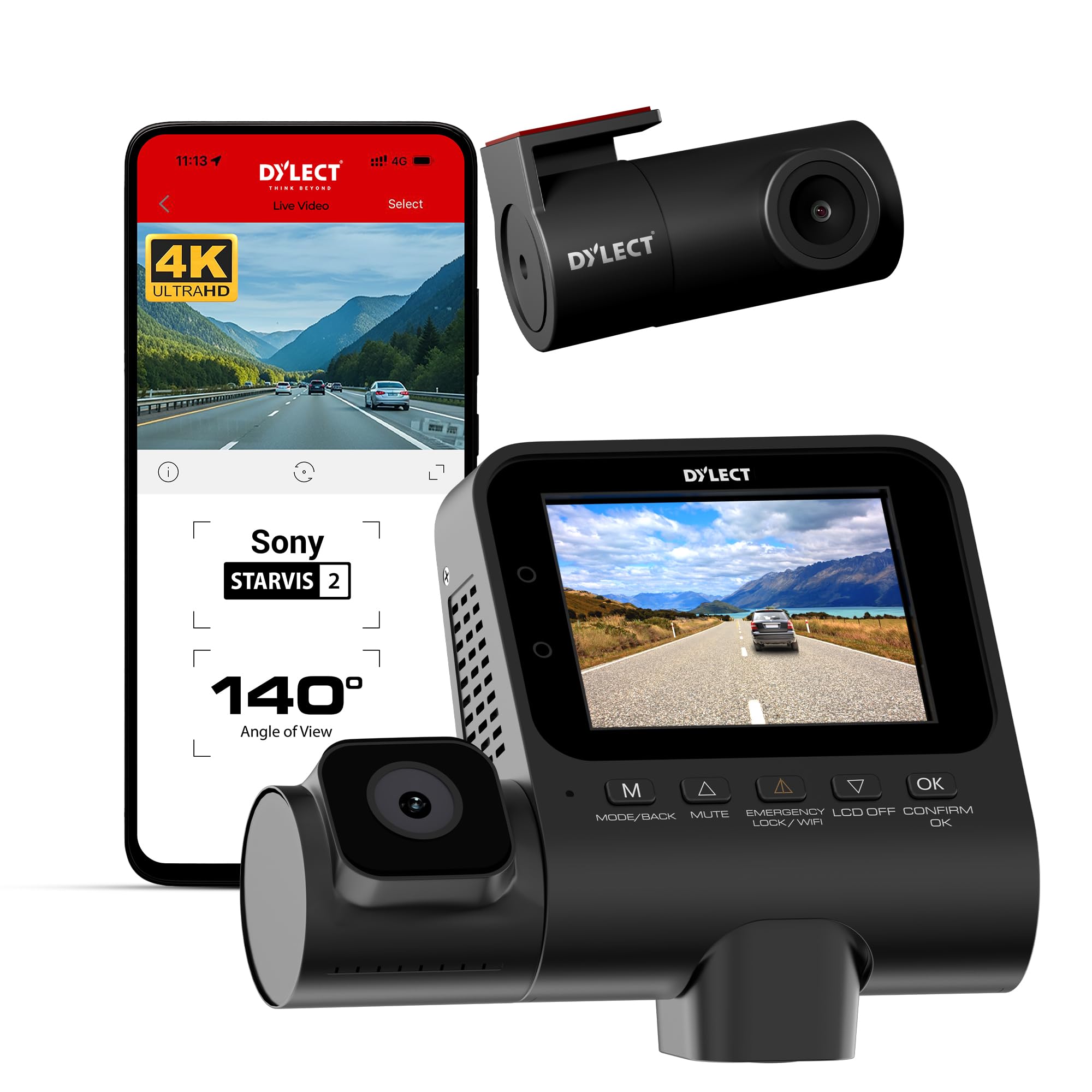 Dylect® Dash Cam Sense 4K Ultra with Sony STARVIS 2 IMX675 Sensor, 3 Channel Dash Cam 4K Front + 1080p Rear + 1080p Cabin, 140° Wide, 2.4" IPS, Built-in GPS, Night Vision, Wi-Fi, Supports up to 1TB