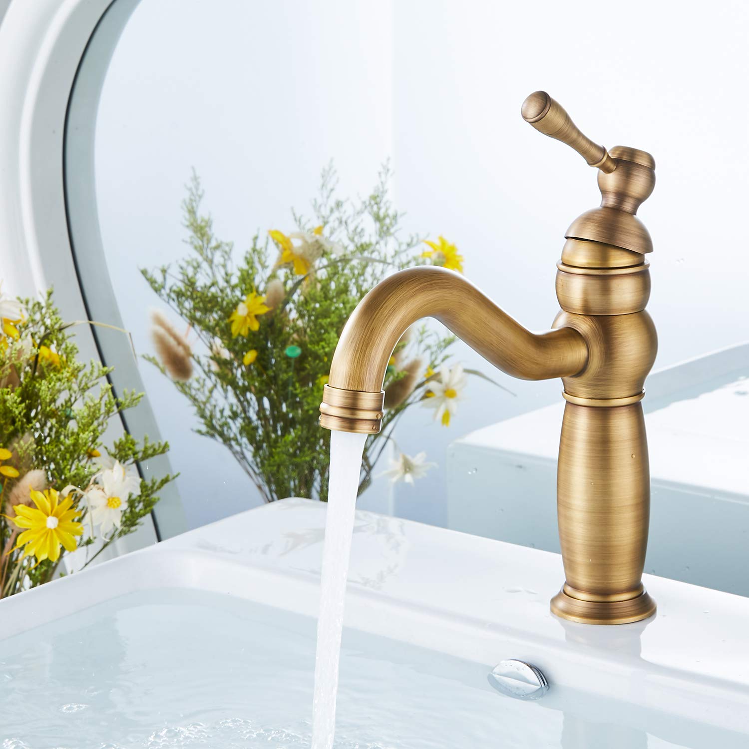 Bathroom Vanity Faucet GGStudy Single Handle One Hole Bathroom Sink Faucet Basin Mixer Tap Antique Brass Supply Hose Include