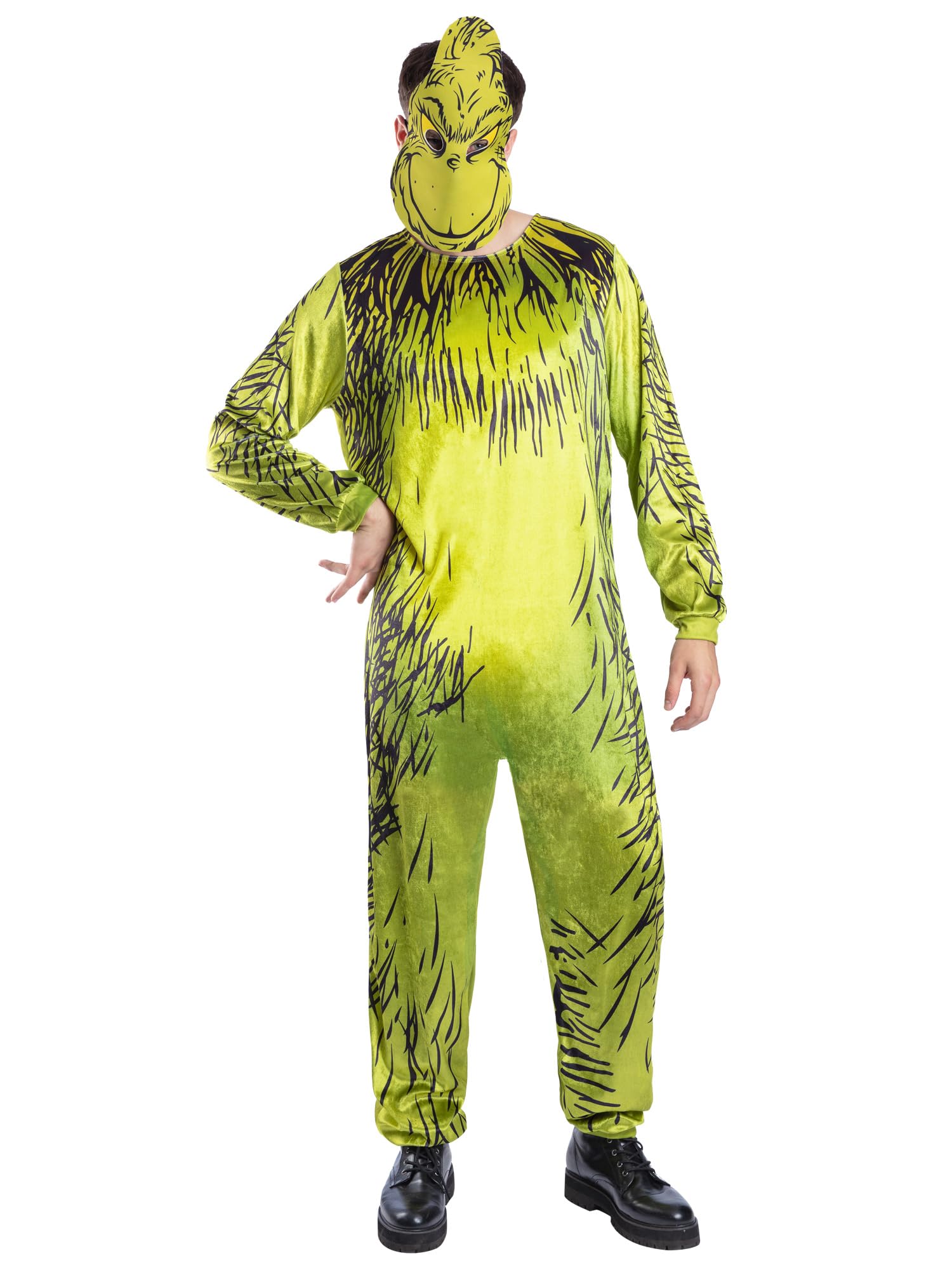 Smiffys Dr Seuss The Grinch Costume for Adults - Official Green Fancy Dress Jumpsuit with Character Mask, Men’s and Women’s Christmas Party Outfit, Book Week & Holiday Dress Up, Medium
