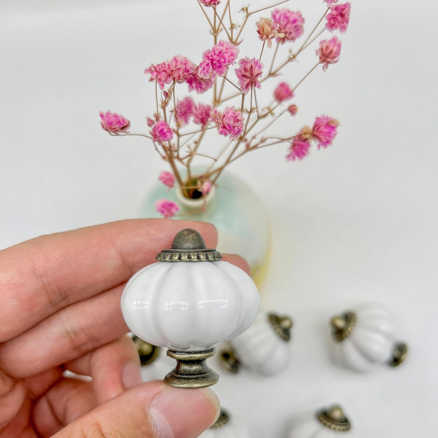 Pumpkin Ceramic Knobs - White Pumpkin Porcelain Handles, 10Pcs Round Cabinet Knobs, White Ceramic Drawer Knobs