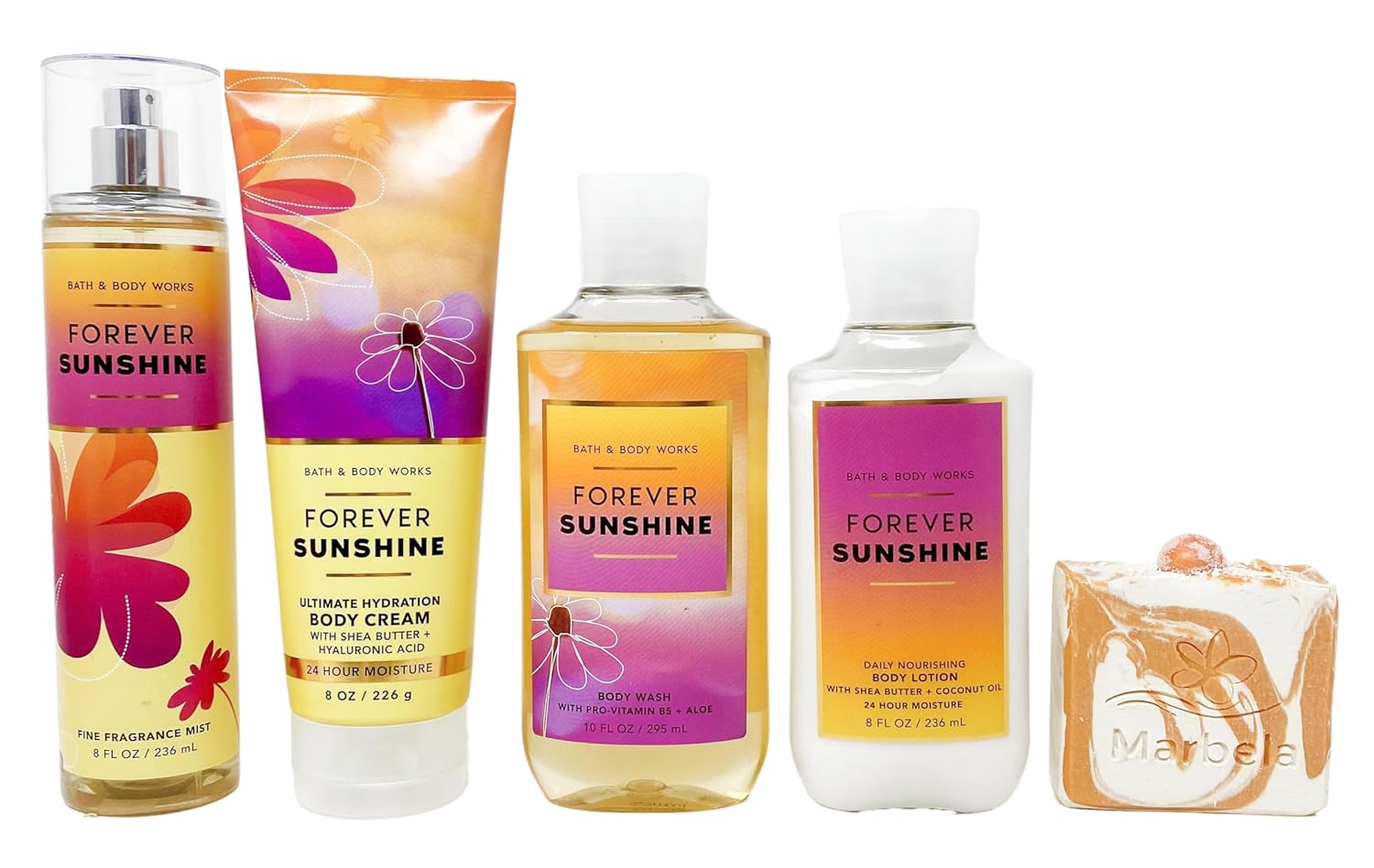 Bath & Body Works Forever Sunshine - Deluxe Gift Set - Fine Fragrance Mist, Body Cream, Body Wash and Body Lotion With a Peach Gardenia Soap.