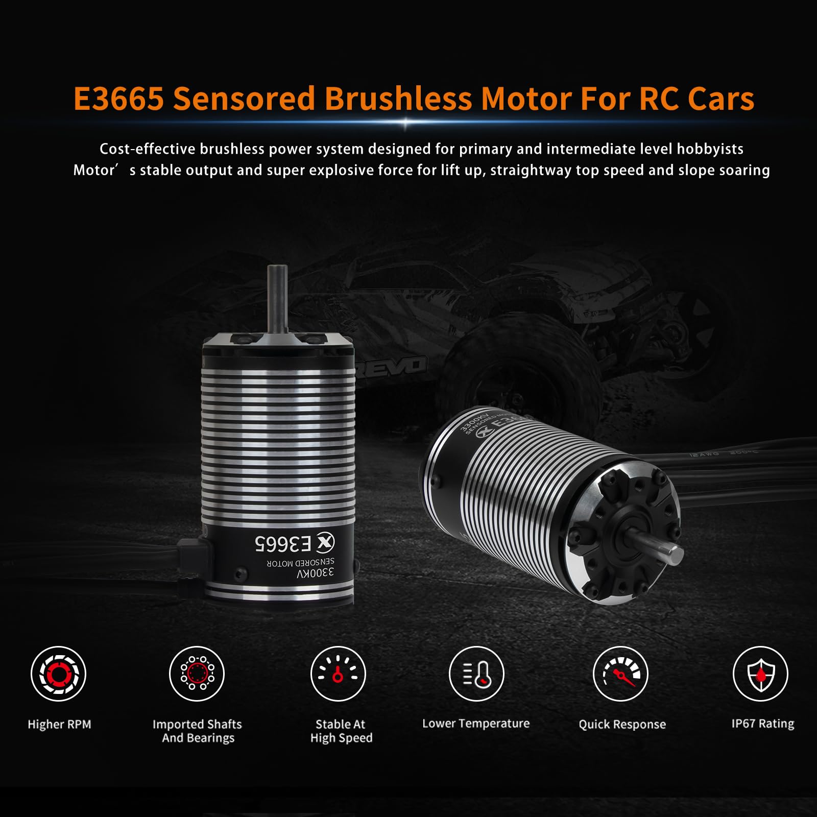 XC E3665 Sensored Brushless Motor for RC Car,2-3S Lipo,IP67 Water Proof,Applicable to:1/10 Short Course,Trucks,Monster (3300KV)